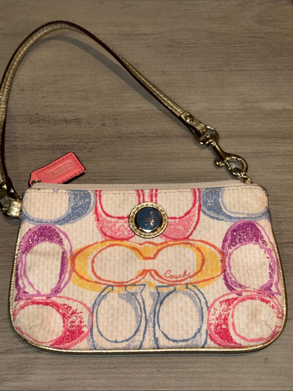 Coach Multicolor Signature Wristlet with Pink, Purple, Blue & Yellow Accents